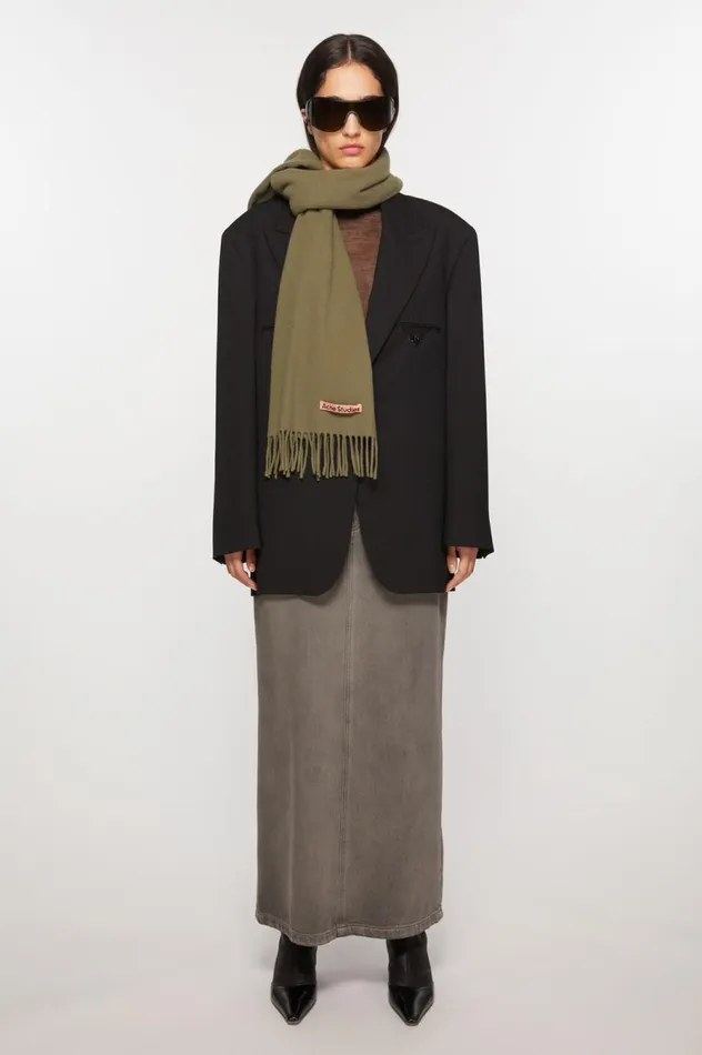 Acne Studios Fringe Wool Scarf 8211 Skinny Khaki Green Men Scarves