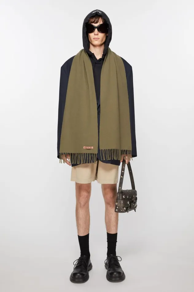 Acne Studios Fringe Wool Scarf 8211 Skinny Khaki Green Men Scarves