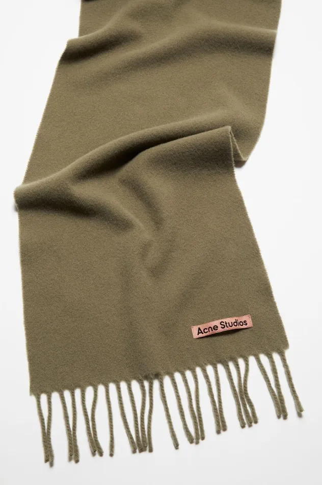 Acne Studios Fringe Wool Scarf 8211 Skinny Khaki Green Men Scarves