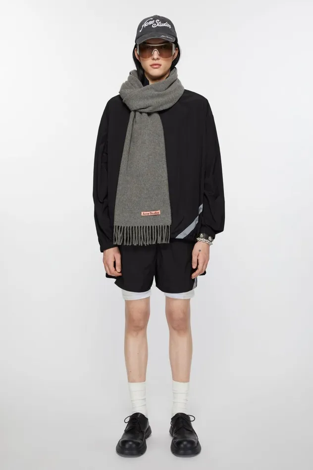 Acne Studios Fringe Wool Scarf Narrow Grey Melange Women Scarves