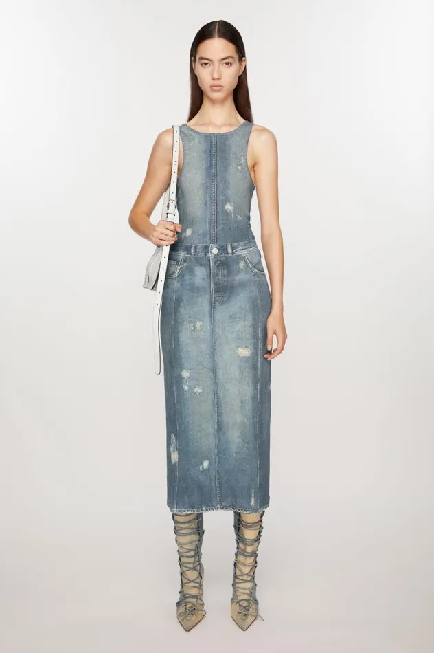 Acne Studios Rib Cotton Print Skirt Denim Blue Women Skirts