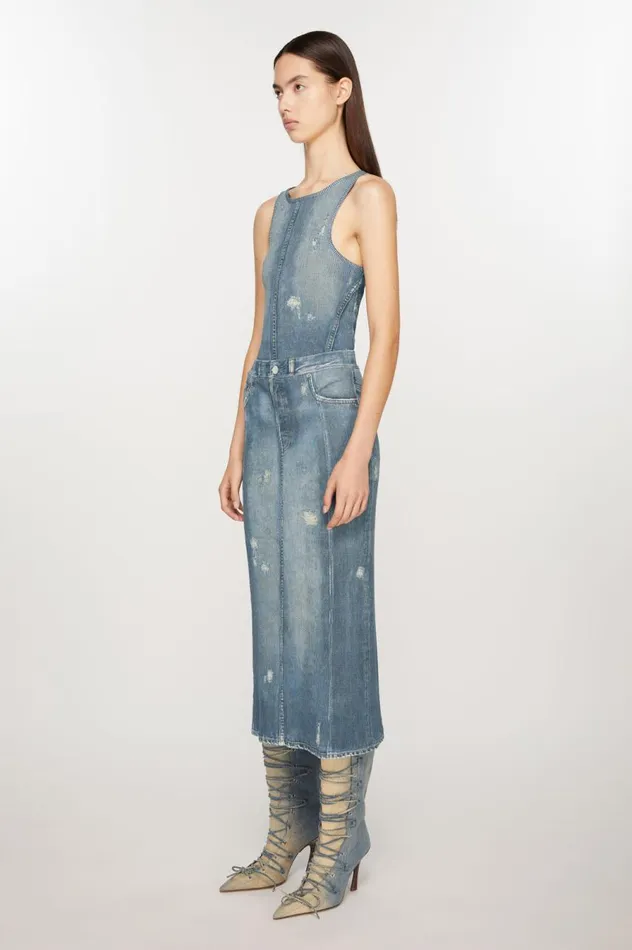 Acne Studios Rib Cotton Print Skirt Denim Blue Women Skirts