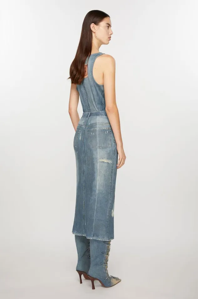 Acne Studios Rib Cotton Print Skirt Denim Blue Women Skirts