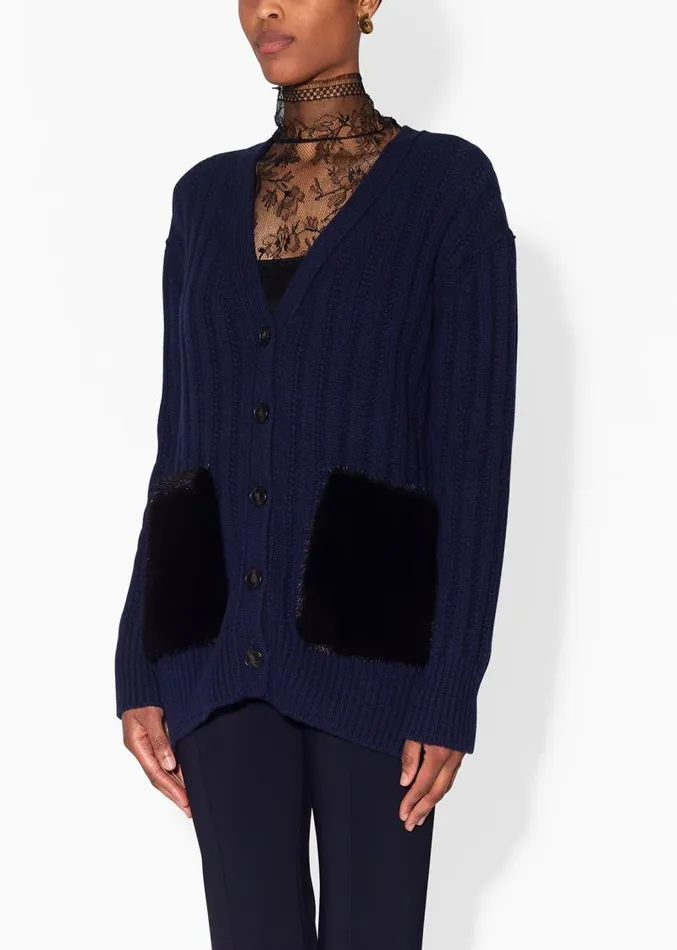 Adam Lippes Sweaters Cardigan In Wool Cashmere With Mink Pockets Navy Black 8211 Women