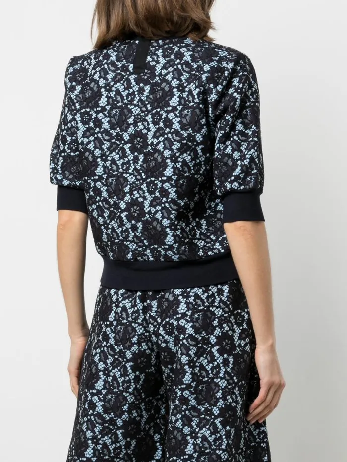 Adam Lippes Sweaters Short Sleeve Sweatshirt In Lace Bonded Jersey Navy Light Blue 8211 Women