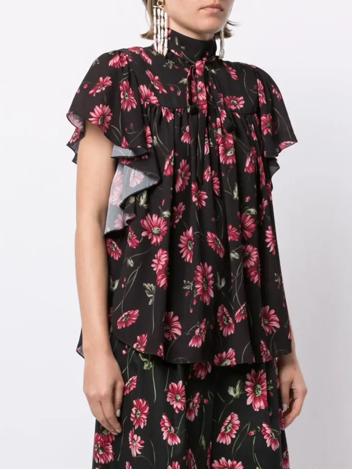 Adam Lippes Tops Flounce Sleeve Top In Printed Georgette Black Daisy 8211 Women Adam Lippes Tops Flounce Sleeve Top In Printed Georgette Black Daisy 8211 Women