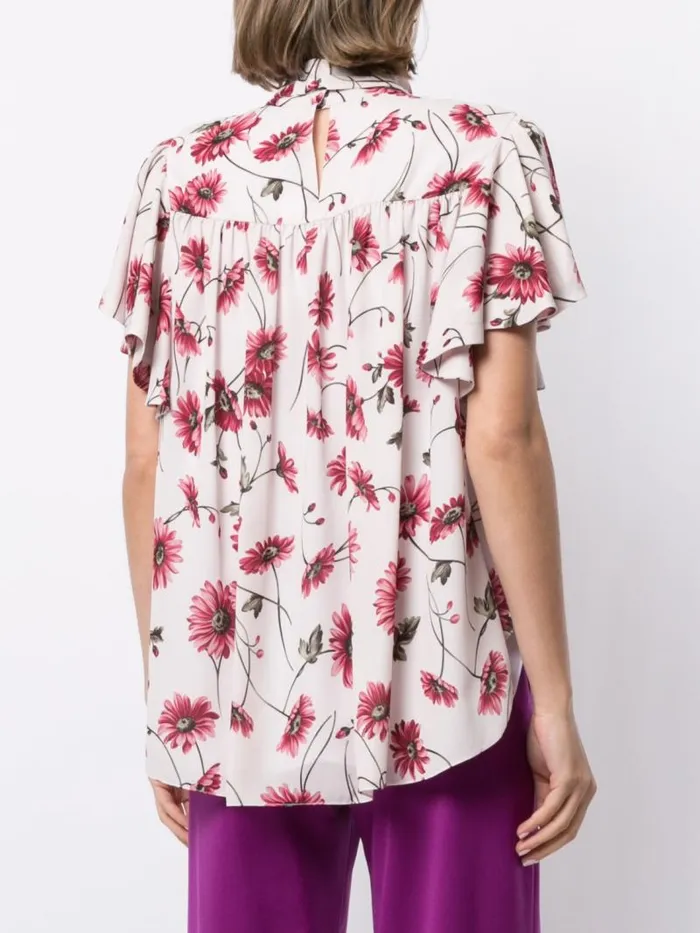Adam Lippes Tops Flounce Sleeve Top In Printed Georgette White Daisy 8211 Women
