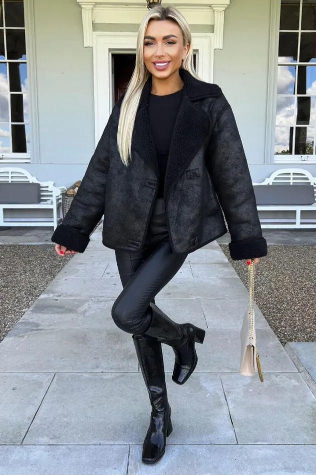 AX Paris Coats 038 Jackets Black Faux Shearling Coat