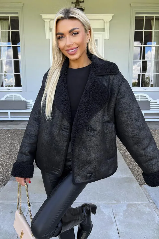 AX Paris Coats 038 Jackets Black Faux Shearling Coat