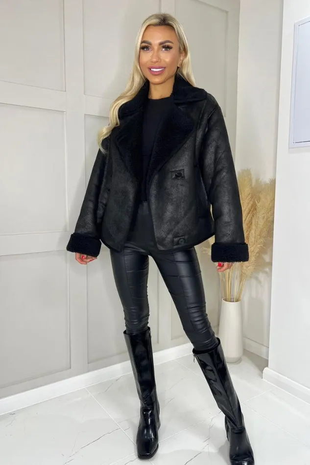 AX Paris Coats 038 Jackets Black Faux Shearling Coat