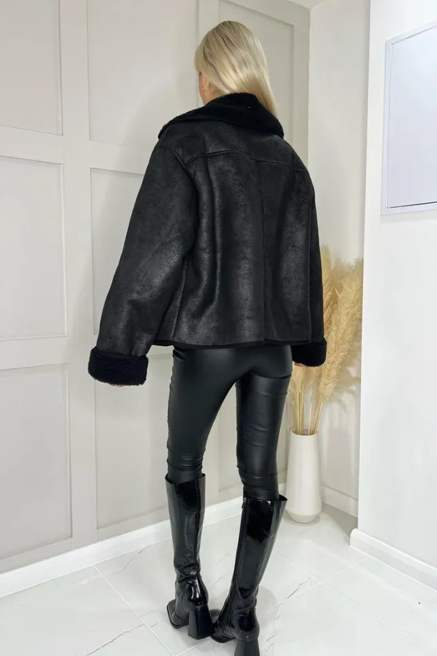 AX Paris Coats 038 Jackets Black Faux Shearling Coat