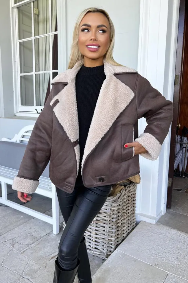 AX Paris Coats 038 Jackets Brown Faux Shearling Coat