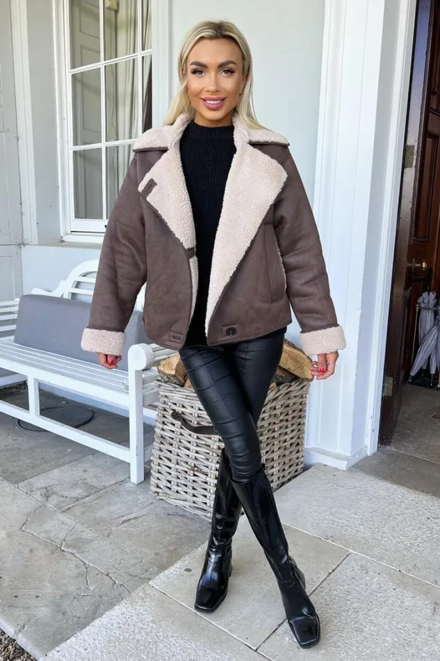 AX Paris Coats 038 Jackets Brown Faux Shearling Coat