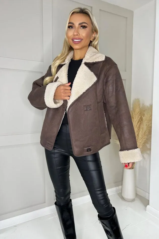 AX Paris Coats 038 Jackets Brown Faux Shearling Coat