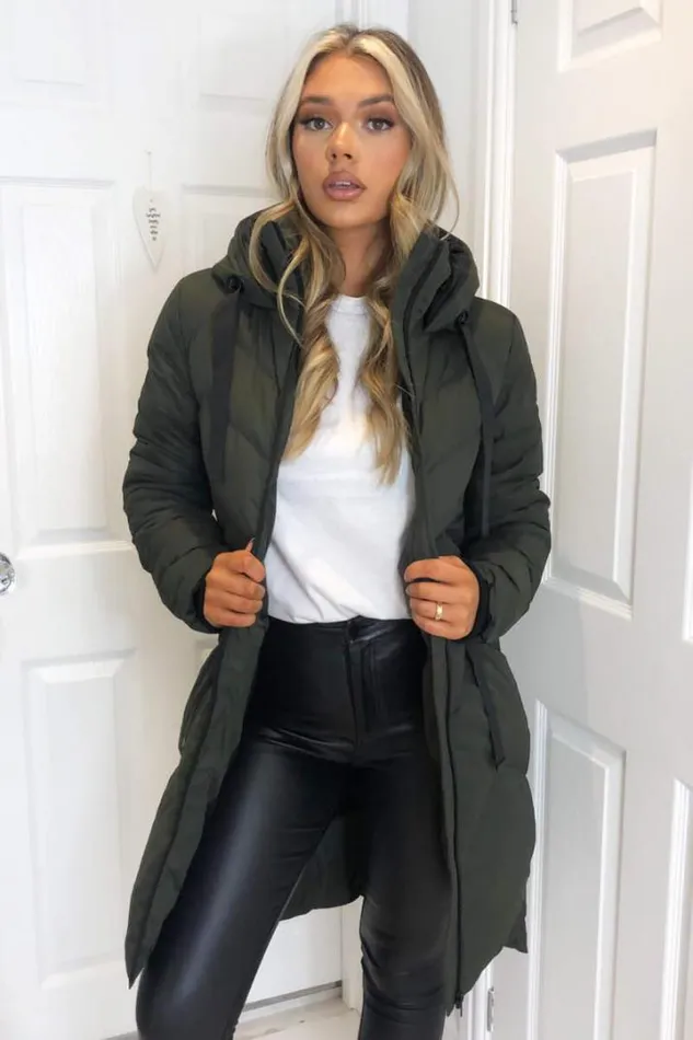 AX Paris Coats 038 Jackets Khaki Hooded Long Line Puffer Coat