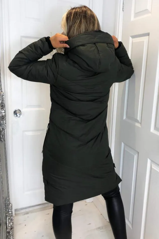 AX Paris Coats 038 Jackets Khaki Hooded Long Line Puffer Coat