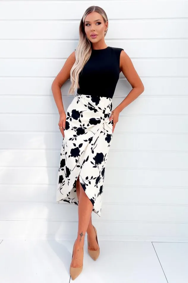 AX Paris Dresses Black And Cream 2 In 1 Floral Printed Midi Dress