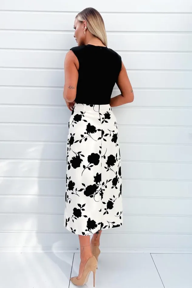 AX Paris Dresses Black And Cream 2 In 1 Floral Printed Midi Dress