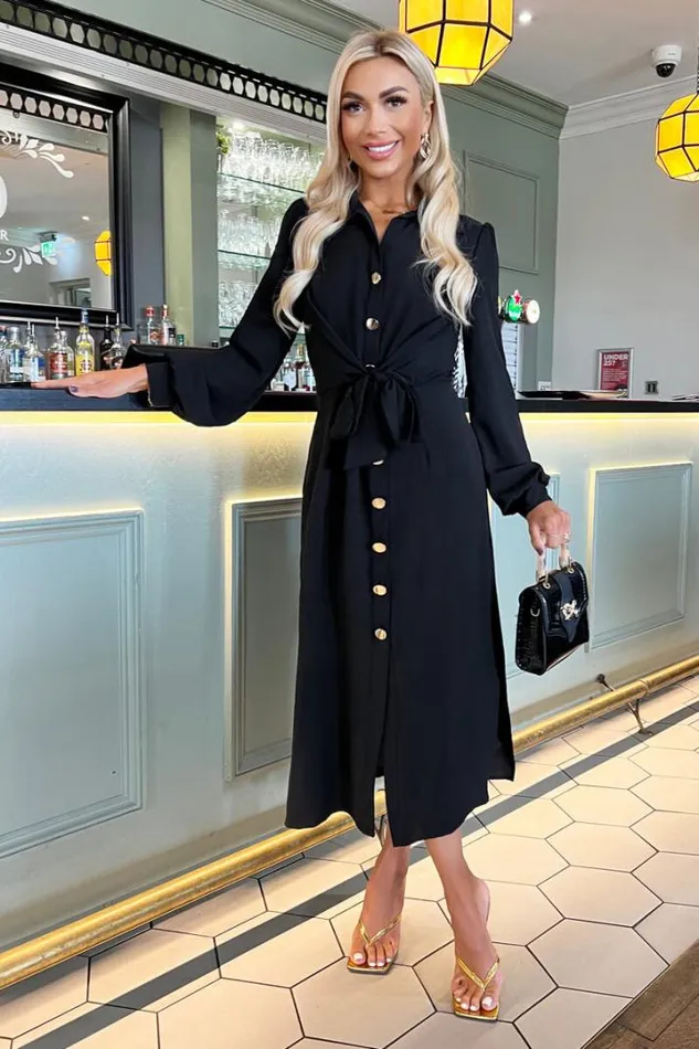 AX Paris Dresses Black Button Front Tie Midi Shirt Dress