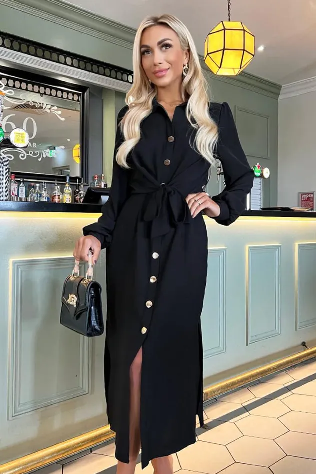 AX Paris Dresses Black Button Front Tie Midi Shirt Dress