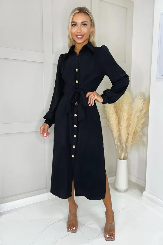 AX Paris Dresses Black Button Front Tie Midi Shirt Dress
