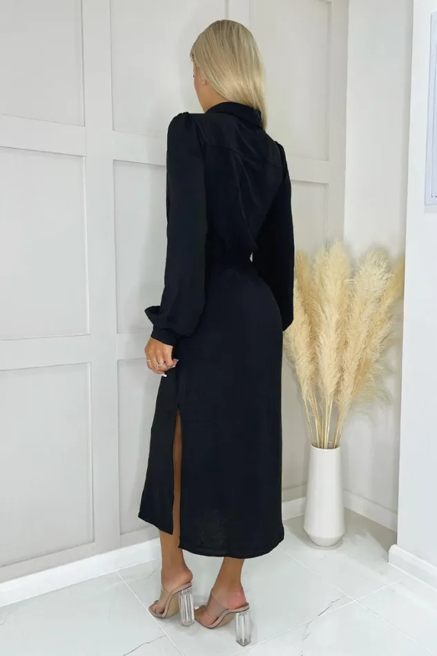 AX Paris Dresses Black Button Front Tie Midi Shirt Dress