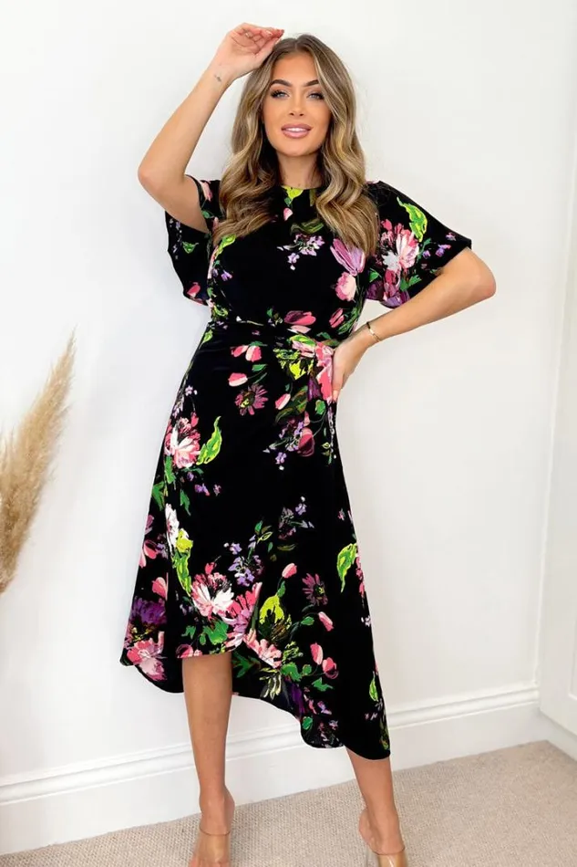 AX Paris Dresses Black Floral Printed Short Sleeve Gathered Side Midi Dress
