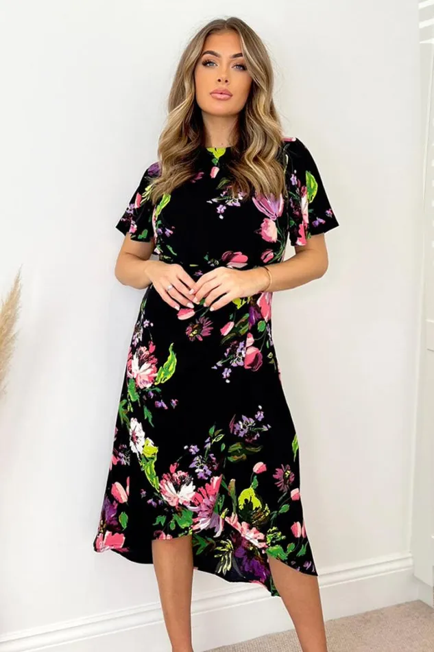 AX Paris Dresses Black Floral Printed Short Sleeve Gathered Side Midi Dress