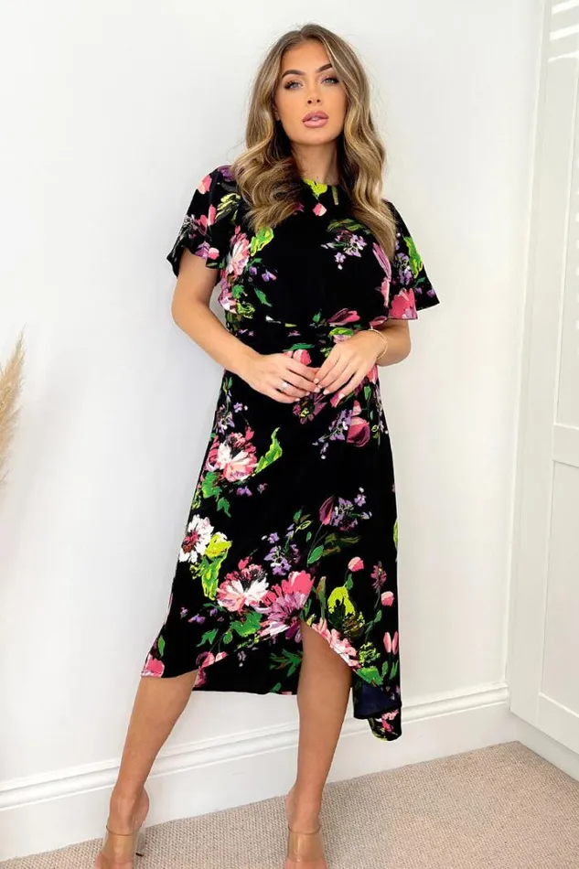 AX Paris Dresses Black Floral Printed Short Sleeve Gathered Side Midi Dress