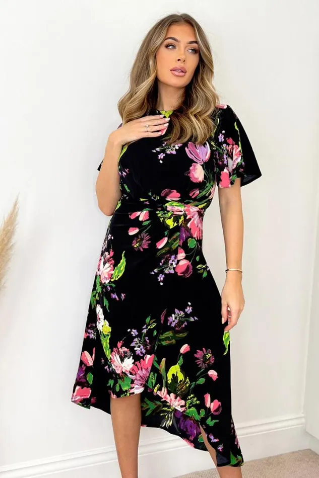 AX Paris Dresses Black Floral Printed Short Sleeve Gathered Side Midi Dress