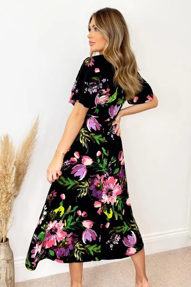 AX Paris Dresses Black Floral Printed Short Sleeve Gathered Side Midi Dress