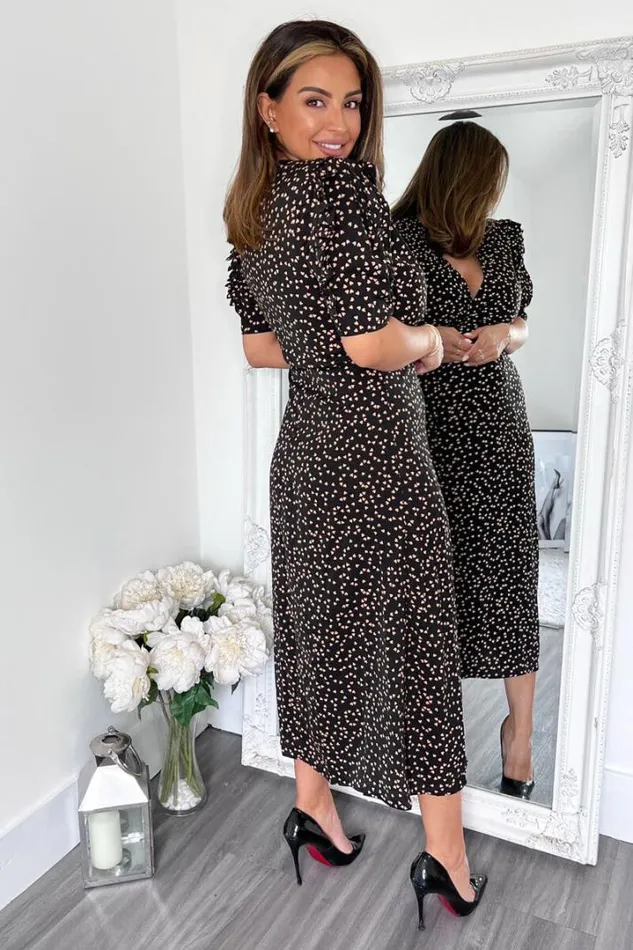 AX Paris Dresses Black Heart Printed Pleated Sleeve Midi Dress