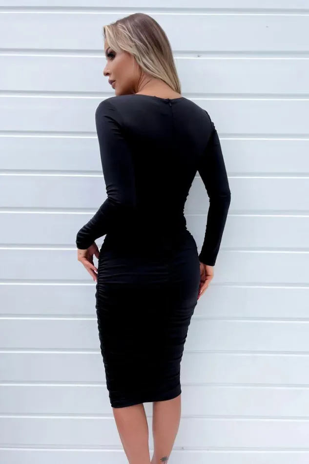 AX Paris Dresses Black Long Sleeve Ruched Midi Bodycon Dress