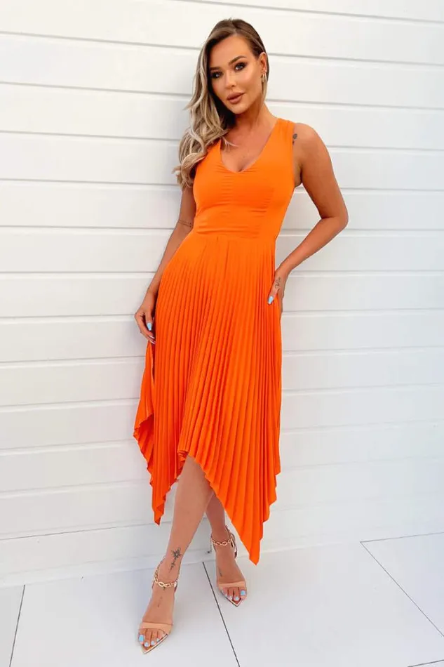 AX Paris Dresses Blood Orange VNeck Pleated Skirt Midi Dress