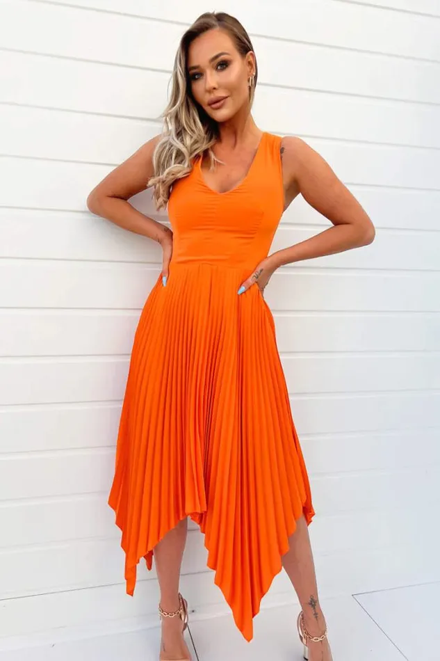 AX Paris Dresses Blood Orange VNeck Pleated Skirt Midi Dress