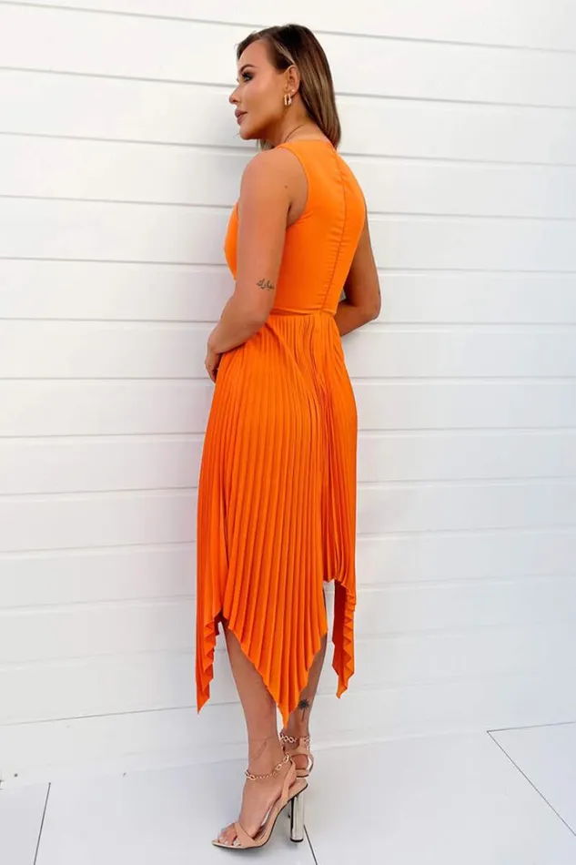AX Paris Dresses Blood Orange VNeck Pleated Skirt Midi Dress