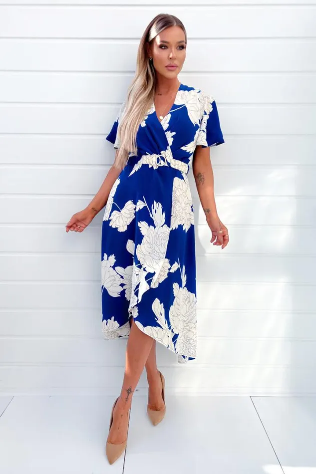 AX Paris Dresses Blue And Cream Floral Printed Short Sleeve Belted Midi Dress