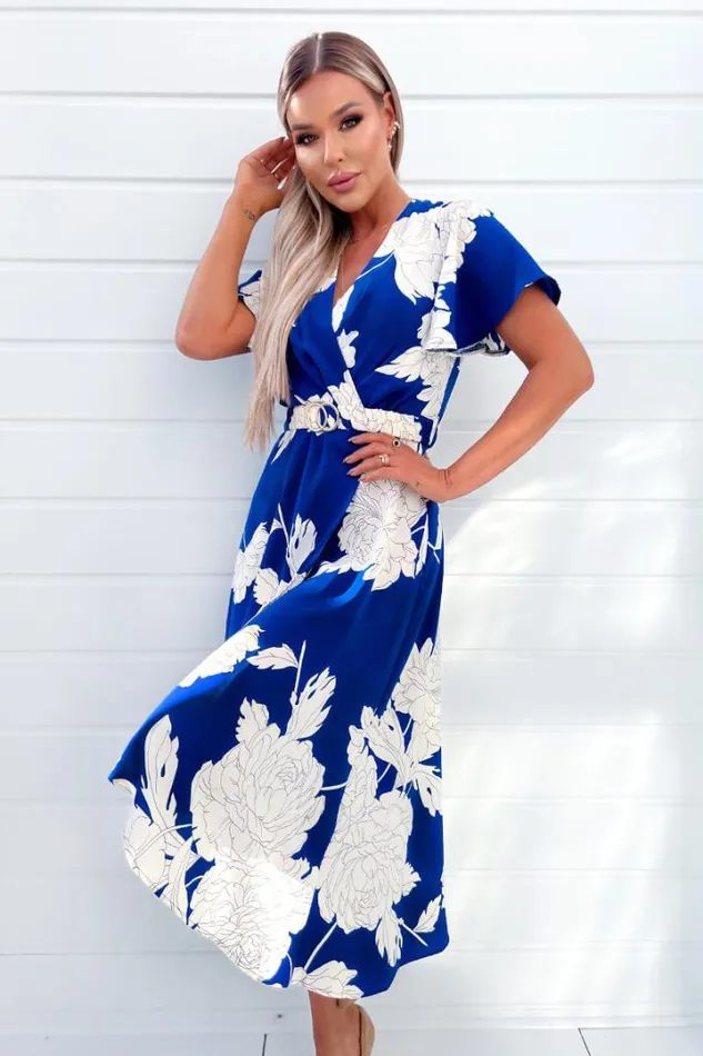 AX Paris Dresses Blue And Cream Floral Printed Short Sleeve Belted Midi Dress