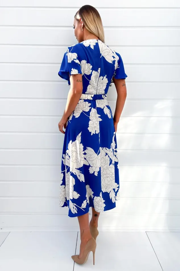 AX Paris Dresses Blue And Cream Floral Printed Short Sleeve Belted Midi Dress