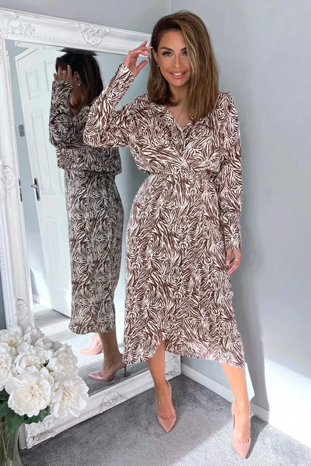 AX Paris Dresses Brown Animal Print Wrap Over Midi Dress