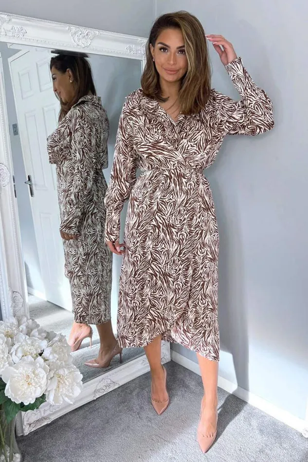 AX Paris Dresses Brown Animal Print Wrap Over Midi Dress
