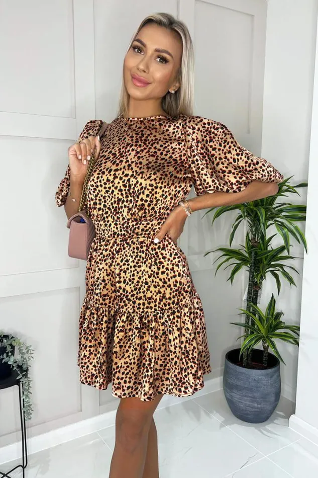 AX Paris Dresses Camel Black And Red Animal Print Puff Sleeve Smock Skirt Mini Dress