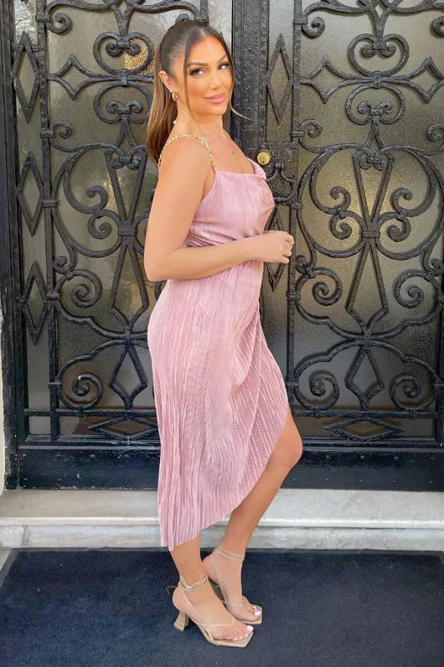 AX Paris Dresses Champagne Plisse Cowl Neck Gathered Midi Dress