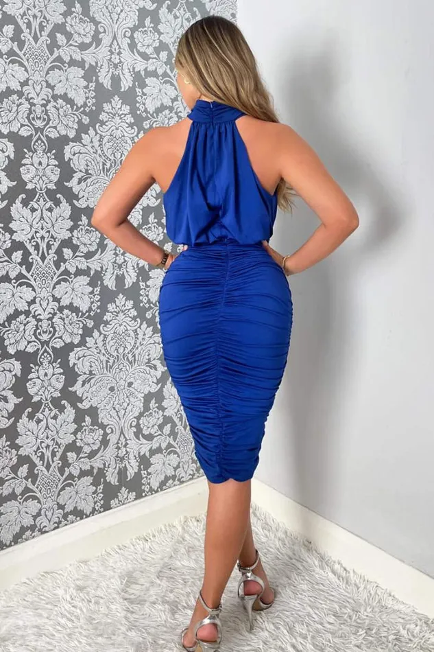 AX Paris Dresses Cobalt Blue Ruched High Neck Midi Dress