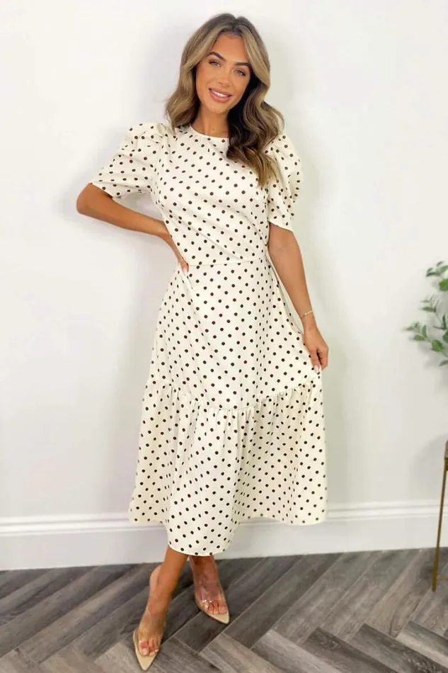 AX Paris Dresses Cream And Brown Polka Dot Midi Smock Dress