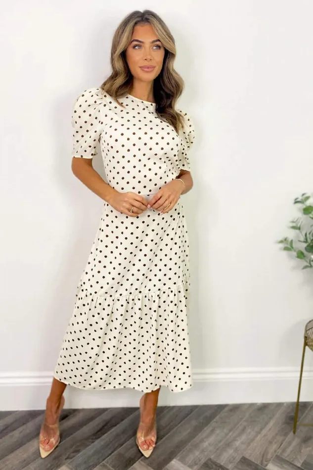 AX Paris Dresses Cream And Brown Polka Dot Midi Smock Dress