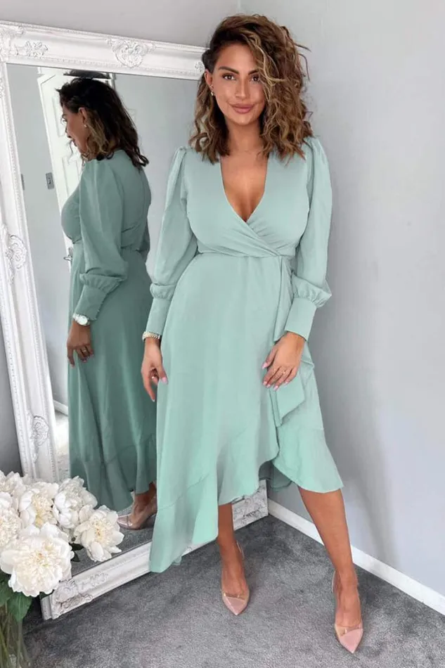 AX Paris Dresses Duck Egg Long Sleeve Frill Wrap Midi Dress