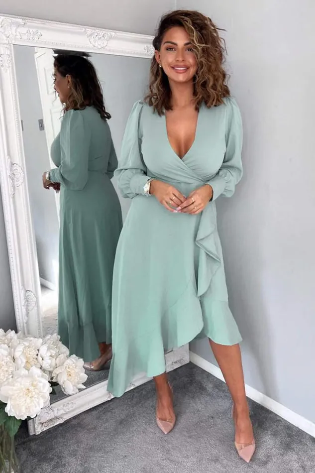 AX Paris Dresses Duck Egg Long Sleeve Frill Wrap Midi Dress