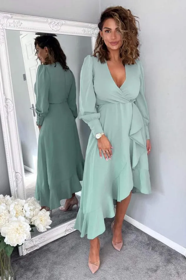 AX Paris Dresses Duck Egg Long Sleeve Frill Wrap Midi Dress