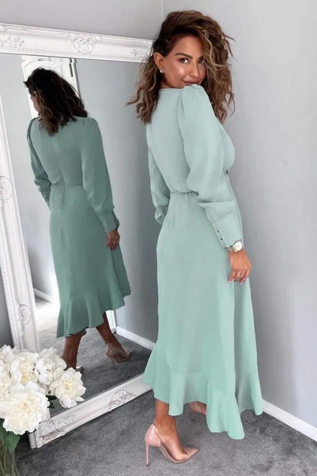 AX Paris Dresses Duck Egg Long Sleeve Frill Wrap Midi Dress